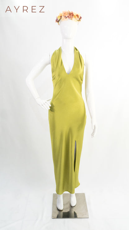 Vestido Verde Olivo con Escote y Abertura