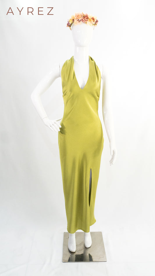 Vestido Verde Olivo con Escote y Abertura