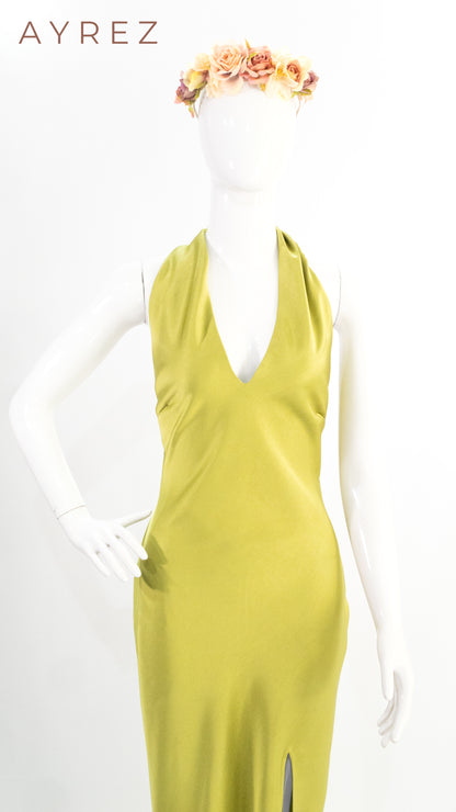 Vestido Verde Olivo con Escote y Abertura