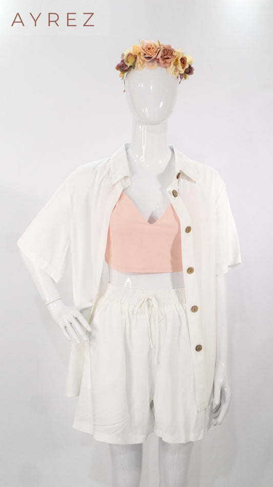 Conjunto short y sobrecamisa marfil