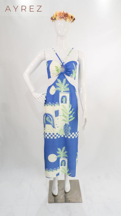 Vestido midi estampado azul y verde