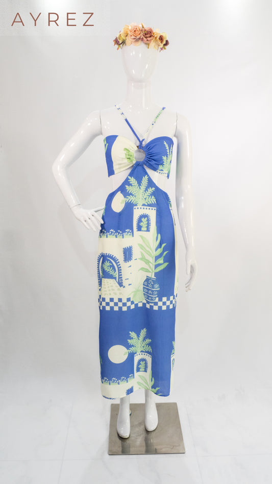 Vestido midi estampado azul y verde