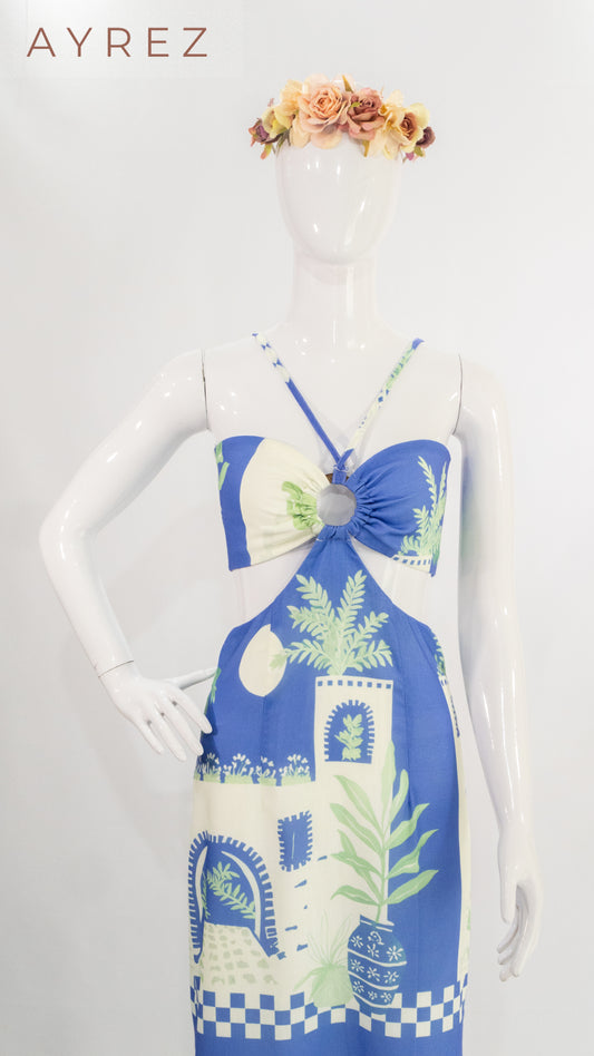 Vestido midi estampado azul y verde